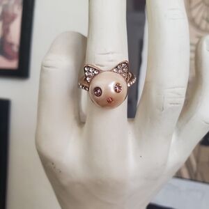 Betsey Johnson Pink Pearl Cat Ring with Crystal Ears